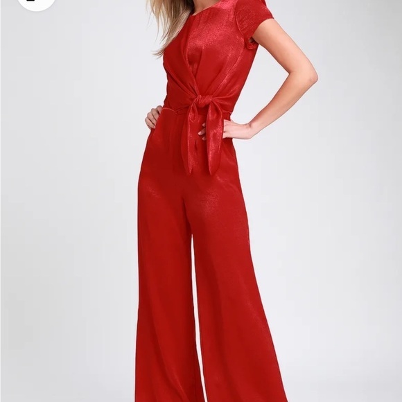 Lulu’s Let Me Entertain You Jumpsuit XS Red Satin Wide Leg - Picture 2 of 11